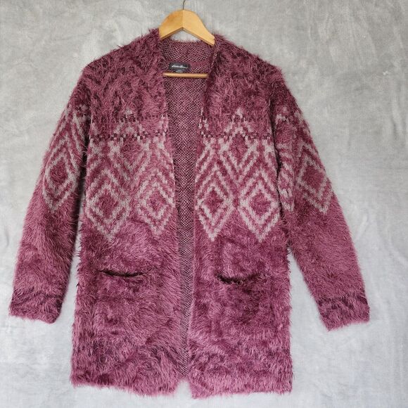 Eddie Bauer Cardigan Sweater Womens Medium Purple Eyelash Open Aztec Print Soft - Picture 8 of 9
